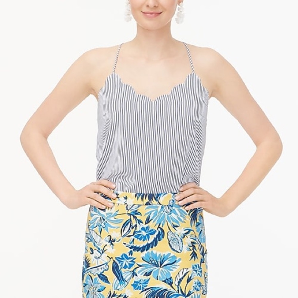 J. Crew Blue and White Striped Scallop-Edge Tank